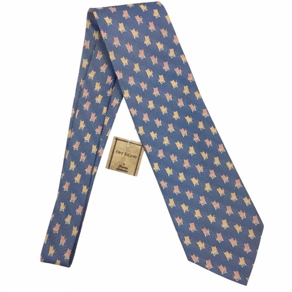 TOMMY BAHAMA Off Island Tie 100% Silk Beach Chairs Cabana Lounge Check Blue NWT